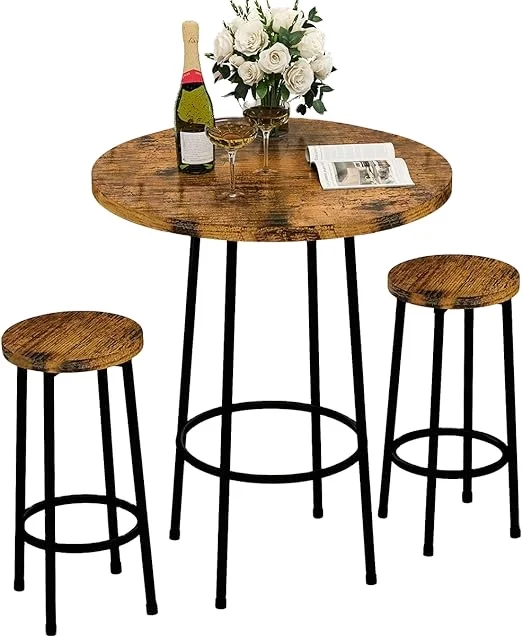 DX 3 Piece Pub Dining Set, Modern Round bar Table and Stools for 2 Kitchen Counter Height Wood Top Bistro, Rustic Brown 23