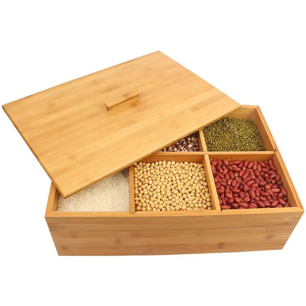 Wholesale Custom Household Bamboo Dry Food Container Dispensers Separate Grains Cereals Rice Storage Organizer Box With Lid