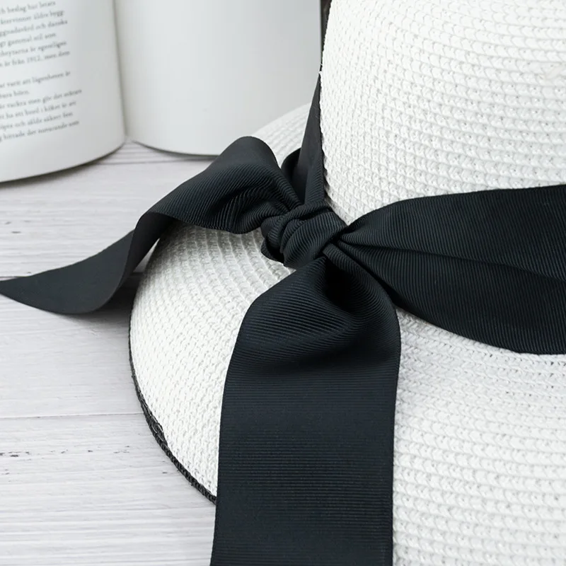 Hepburn lampshade straw hat female fairy sunscreen big brim hat bow tie retro hat French style