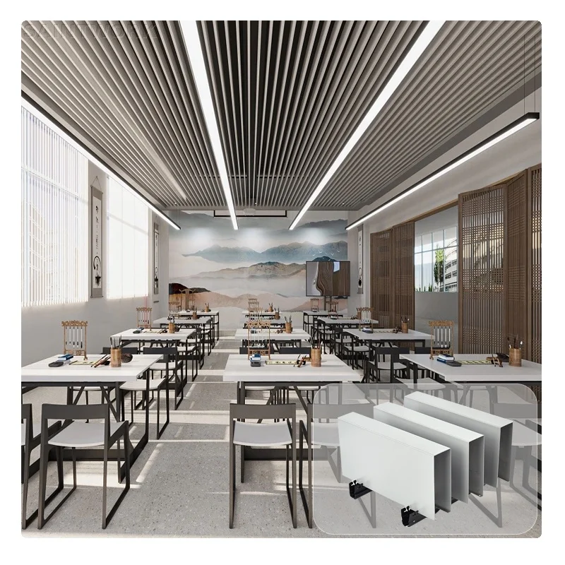 Interior Decoration U Shape Aluminium Ceiling Profiles Metal Slat Strip Stretch Linear Ceiling Panels for Restaurant Hall Dining