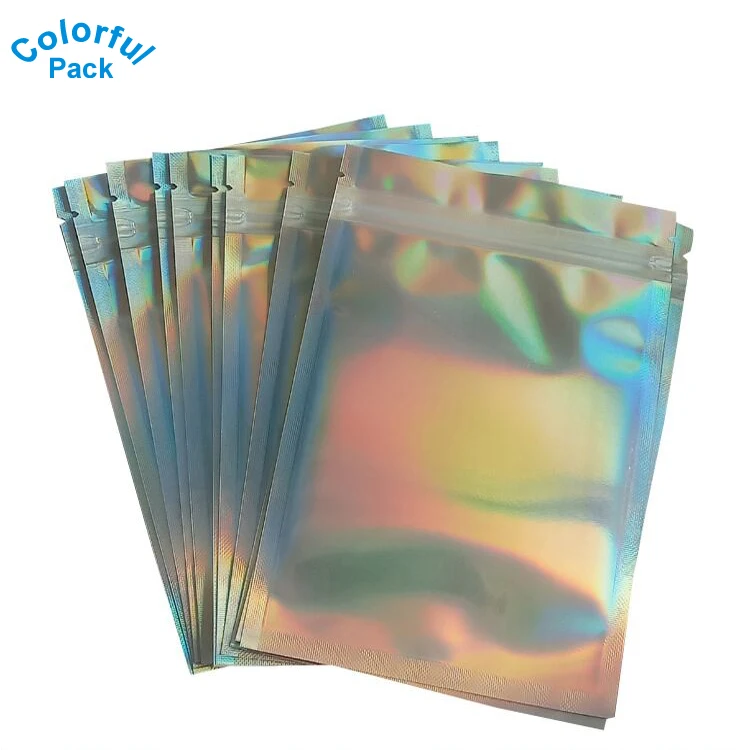 Holographic Colorful Shiny 3 side sealing bags with zip lock