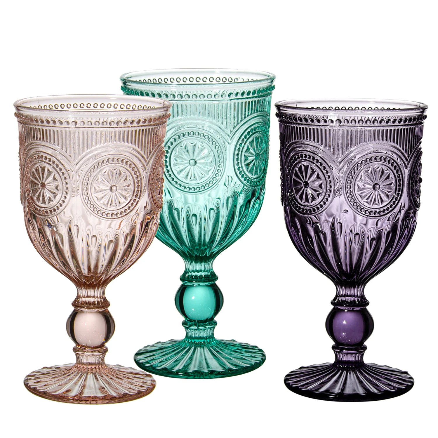 Mexico Style 550ml Pressed Sunflower pink Colored Vintage Embossed Red Wine Goblet Glasses Set