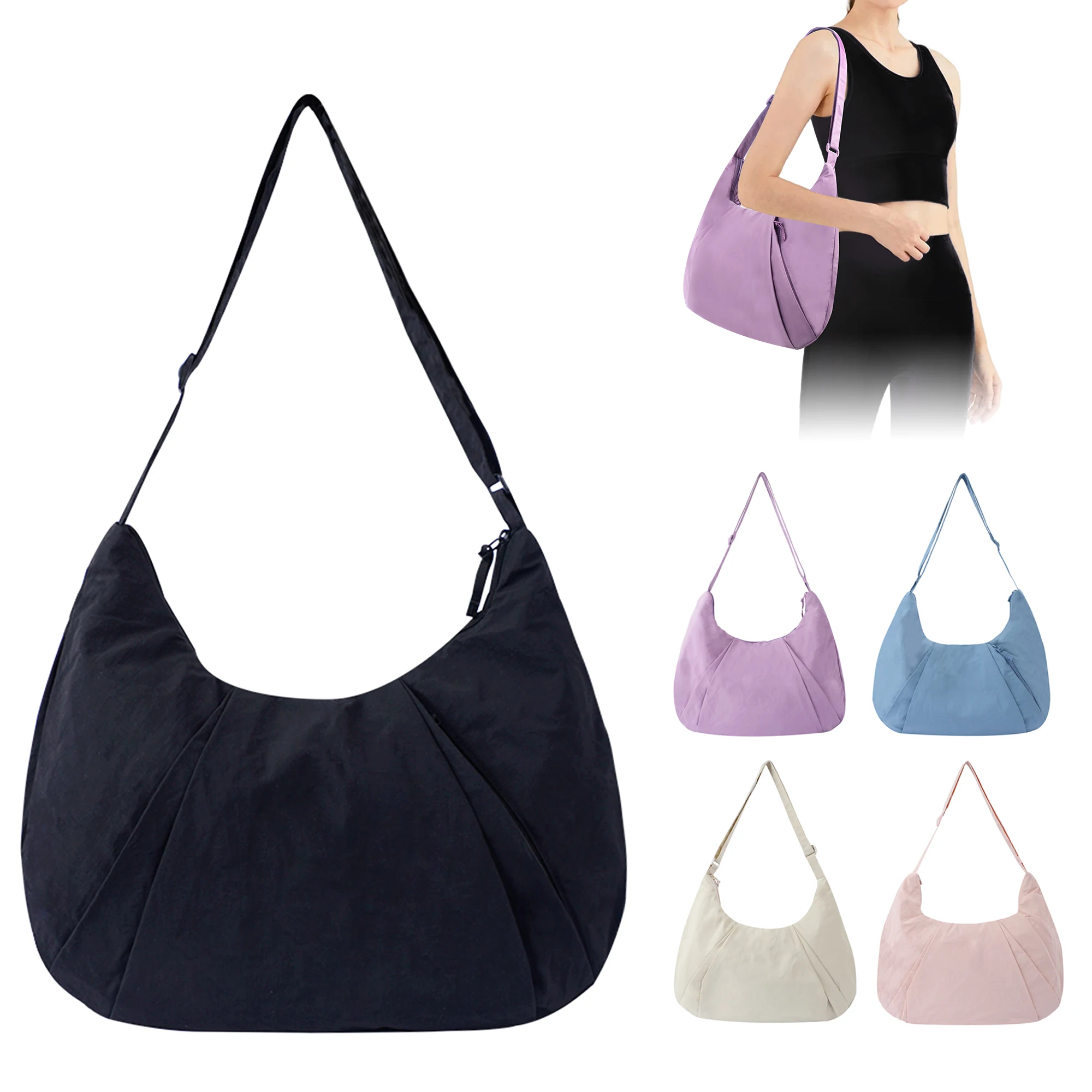 Large capacity nylon hobo shoulder bag pleated dumplings bag women messenger crossbody bag for yoga  shopping
