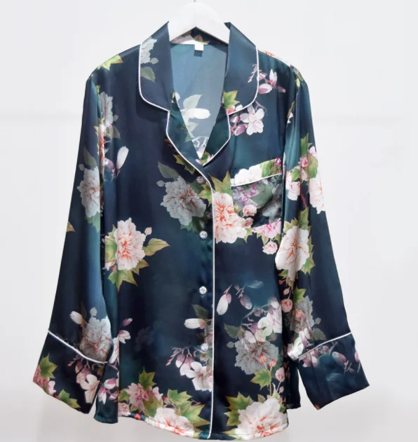 Manufacturer custom silk sleepwear  high quality printed flower  silk satin pajamas set