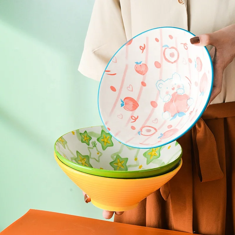 Creative Nordic Ceramic Tableware Large Capacity Porcelain Soup Instant Noodle Salad Bowl For Household With Cartoon Pattern