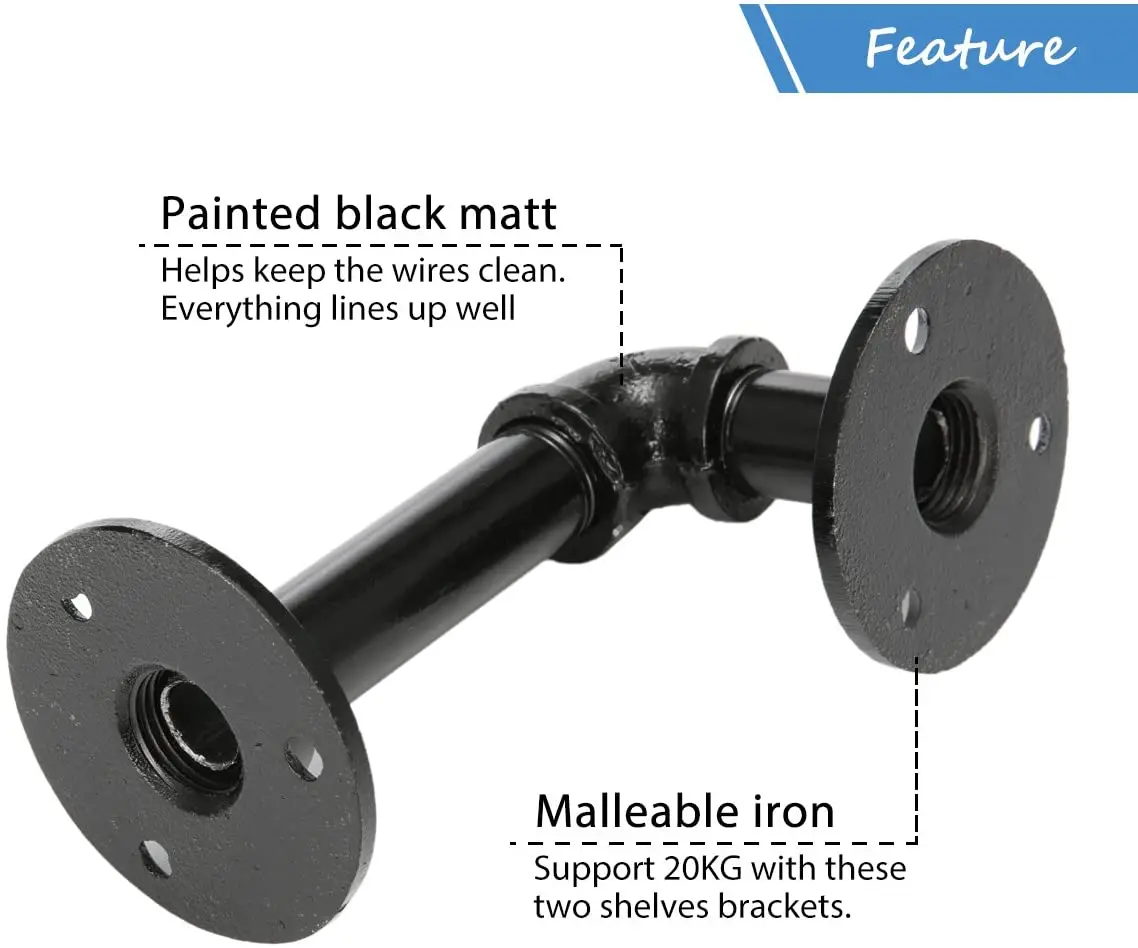 Industrial Black Iron Pipe Bracket Wall Mounted Floating Shelf Hanging Wall Hardware Decor for Farmhouse Shelving Hardware