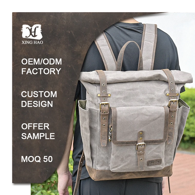 Factory Custom Large Capacity Vintage Waxed Canvas Backpack Bag with Genuine Leather for Men