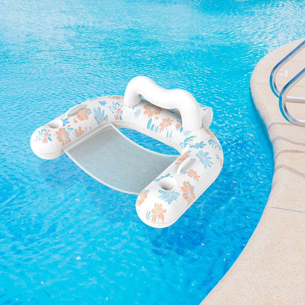 New Design Custom Inflatable Pool Float Chair With Handle Flowers Inflatable U-shaped Lounger With Cup Holder For Water Sofa