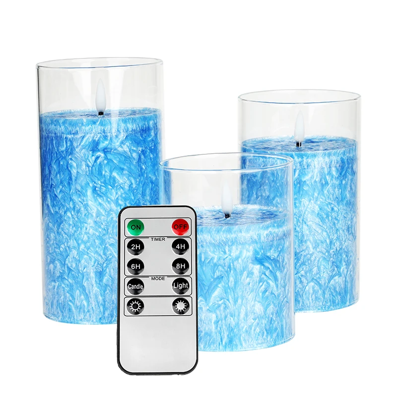 Blue Crystalline Wax Electronic Candle Flameless Battery Flickering Moving Flame LED Pillar Candles Light For Home Festival