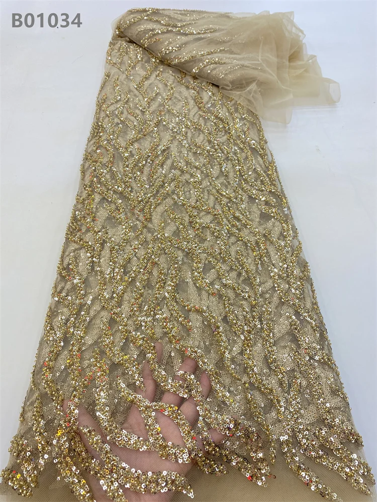 High Selling White Bridal Embroidery Beaded Lace Fabric African Beads Sequin Lace Fabric for Women Dress