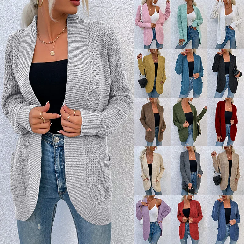 Soiling New Arrival solid color knitted sweaters women casual fall winter long sleeve cardigan with pockets