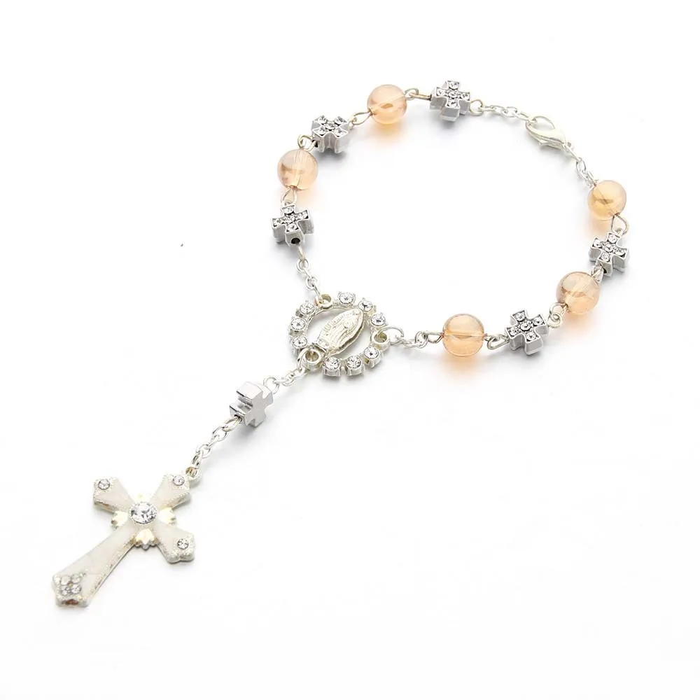 Wholesale Catholic rosary bracelet prayer fashion cross bracelet Gold imitation glass pearl handcrafted curved needle bracelet