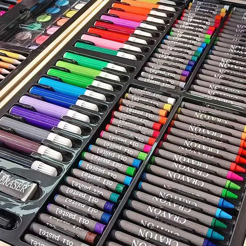 Deluxe Kids Gift Stationery Drawing Set 188pcs Wood Box Portable with marker pen Creativity Painting Art Set