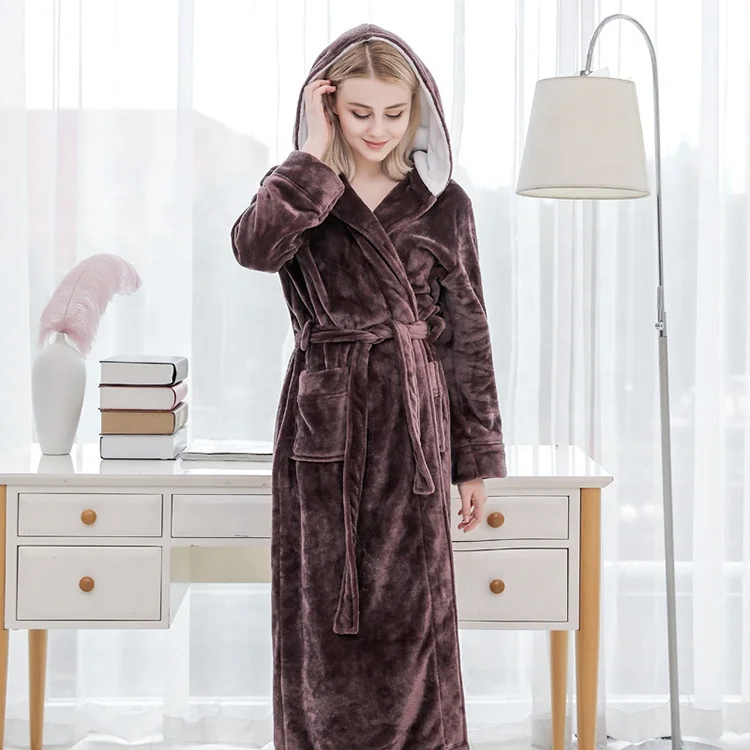 Women and men long fluffy fleece sleepwear warm adult nightgown organic bathrobes with hood
