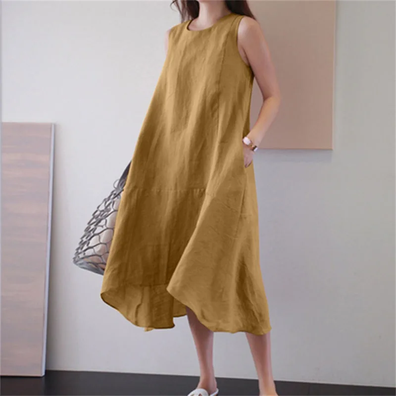 Ladies Solid Color Cotton And Linen Casual Loose Sexy Women Dresses Women Summer Female Clothes Long Dresses