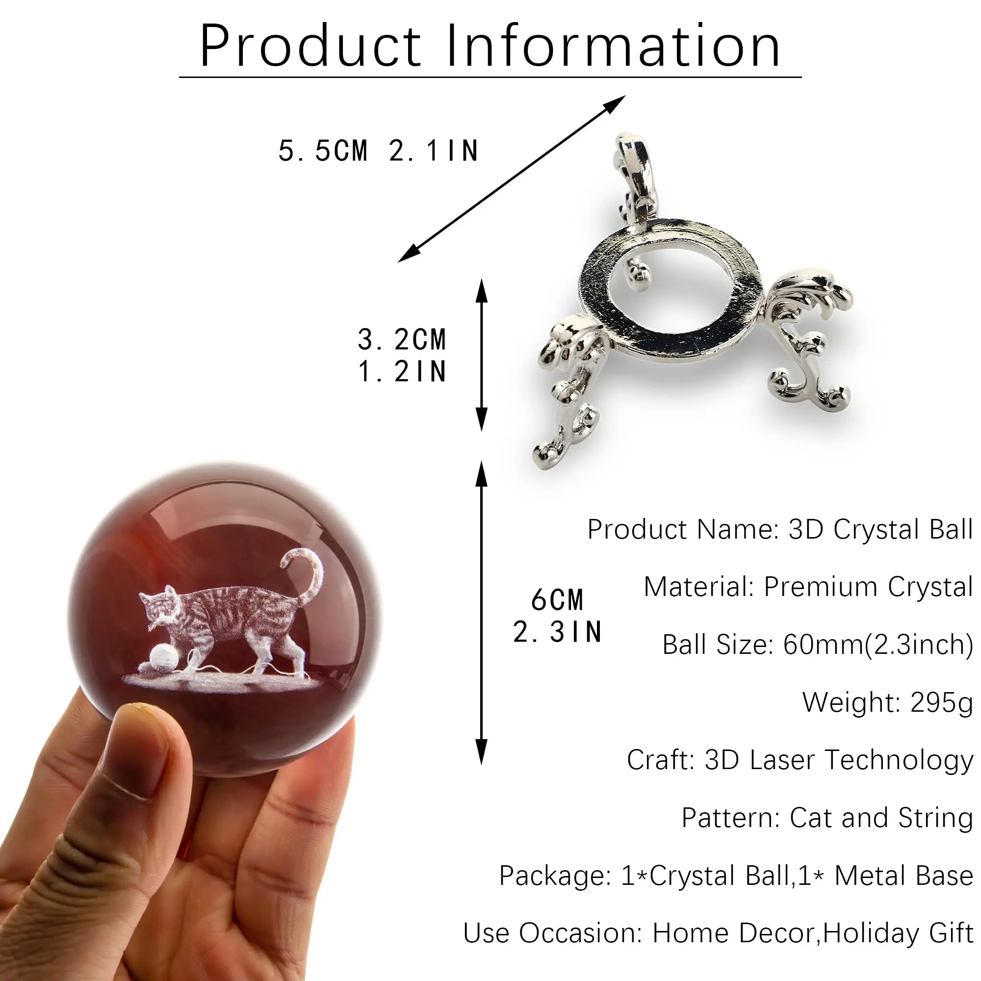 3D Crystal Ball 2.4inch Laser Engraved Animal Figurine Collectibles Paperweight Glass Decorative Full Sphere with Stand