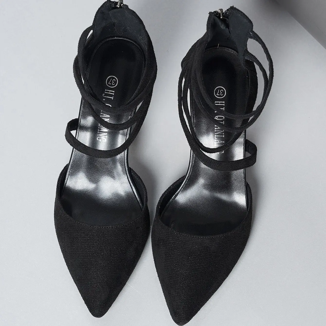 Women sandals 2024 summer new trend ankle wrap pointed toe Thick heel  velour fabric back zip lady sandals