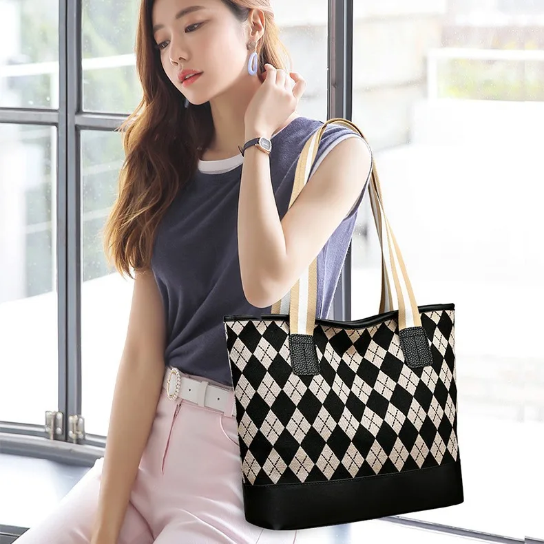 Canvas Tote Bag Simple Fashion  Leisure  Bag for Work  Lightly  Shopping Shoulder Bag A Cool Gift for Women(Black Grille)