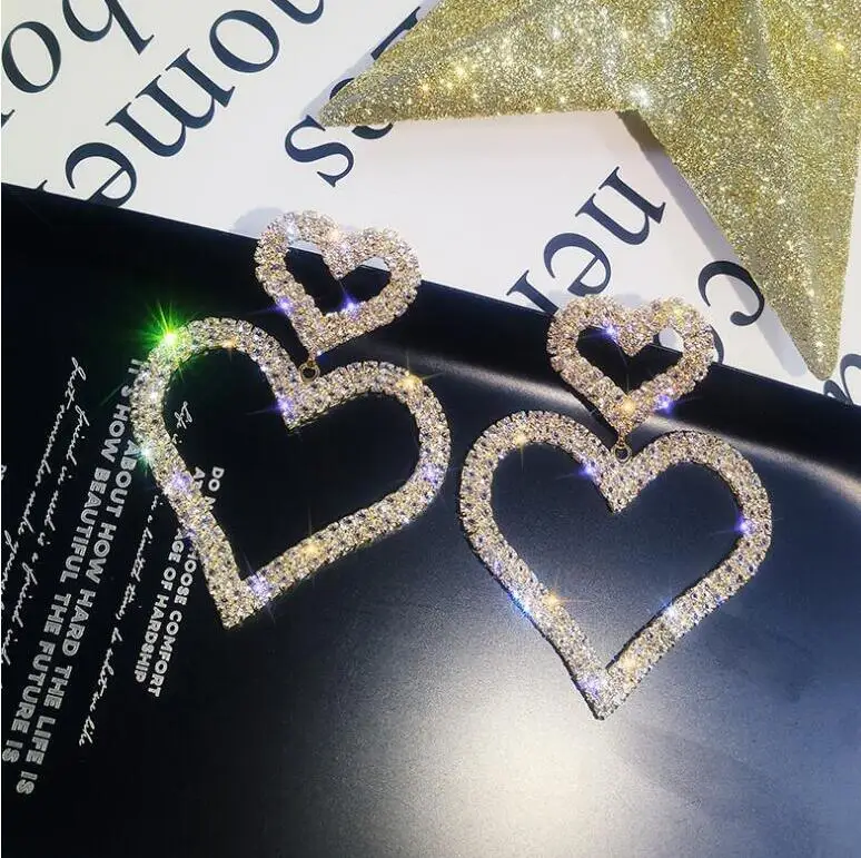 Fashion Exaggeration Diamond Earrings S925 Silvery Heart Earrings Temperament Joker Pendant Love Earring