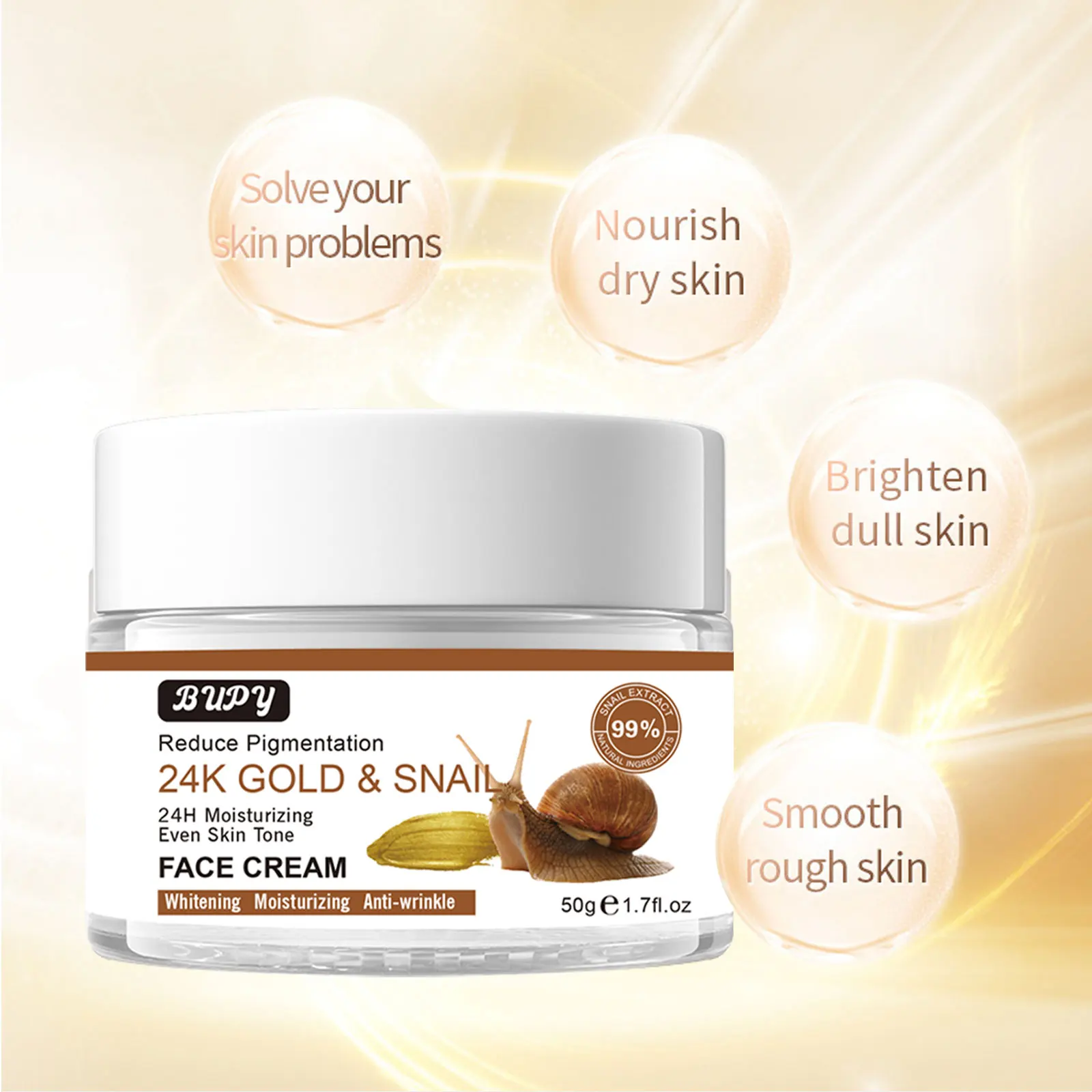 Snail Face Cream Anti Aging Moisturizer Whitening Face Cream Lotion Gold 2023 New Private Label Natural 24K Day Adults Male BUPY