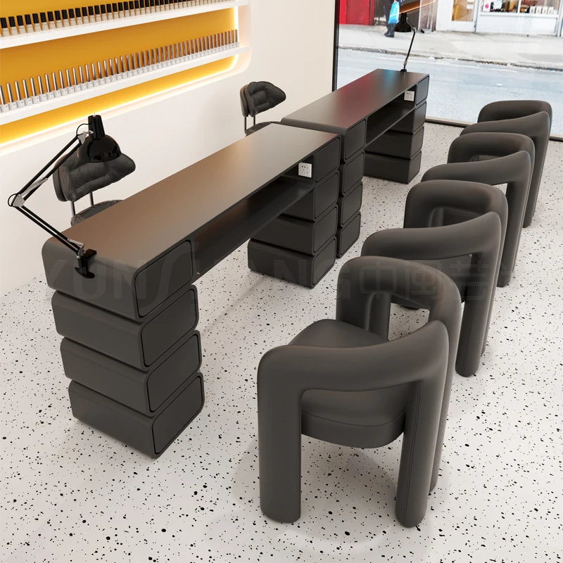 Cream Wooden Nail Art Table Chair Suite Embedded New Vacuum Cleaner Socket Wireless Reclamable Living Room