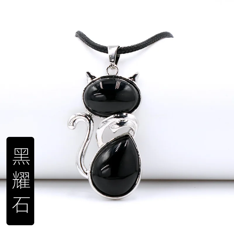 Natural Stone Pendant Cat Healing Crystal Necklace Animal Energy Chakra Amulet Handmade Jewelry For Women Girls