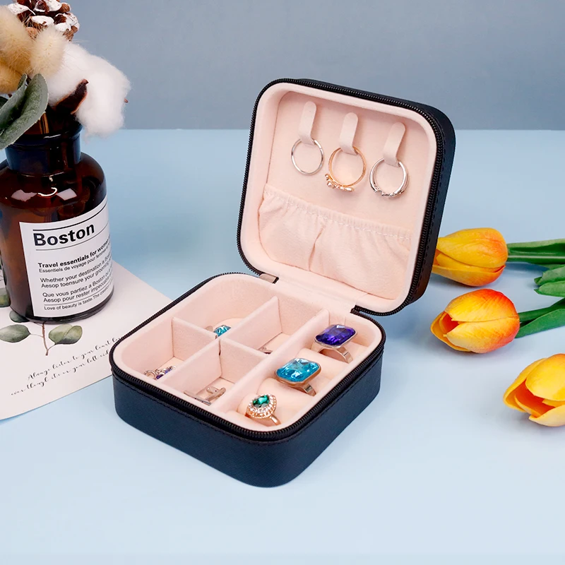 Leather Jewelry Storage Travel Box Velvet Jewelry Ring Earring Pendant Necklace Packaging Gift Box Wholesale Custom Logo Black