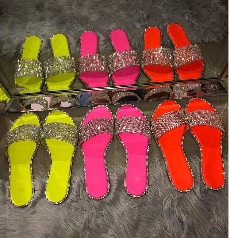  Wholesale new design custom women slide shoes flat sandals rhinestone summer