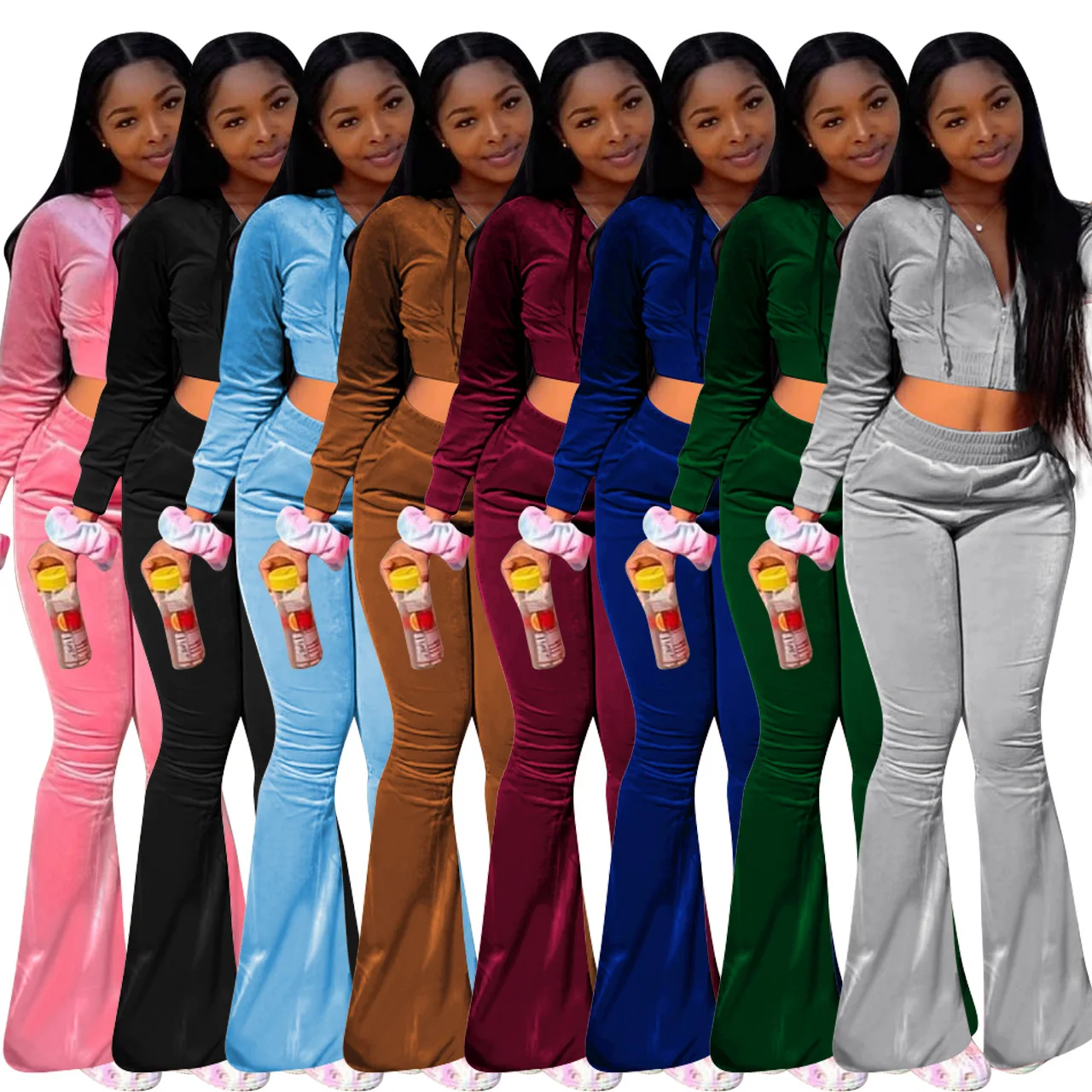 Hooded Crop Top Pants sets Autumn Winter Casual Solid Color Velvet Hoodie fall set woman 2 pcs outfit Zipper Lady Two Piece