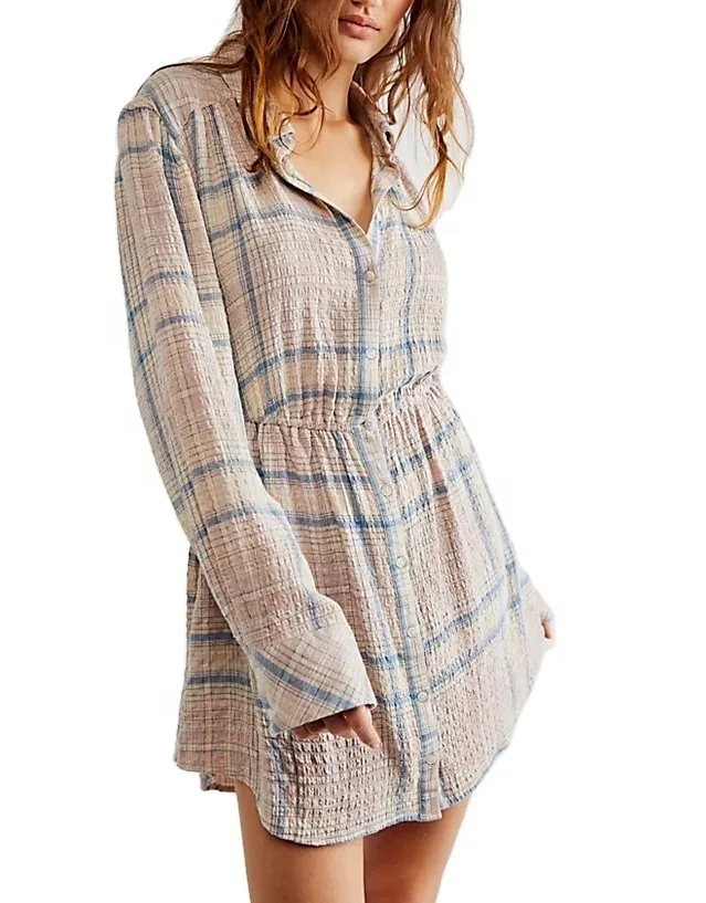 Spring classic casual plaid belted cutout detailing at the back shirt skirt