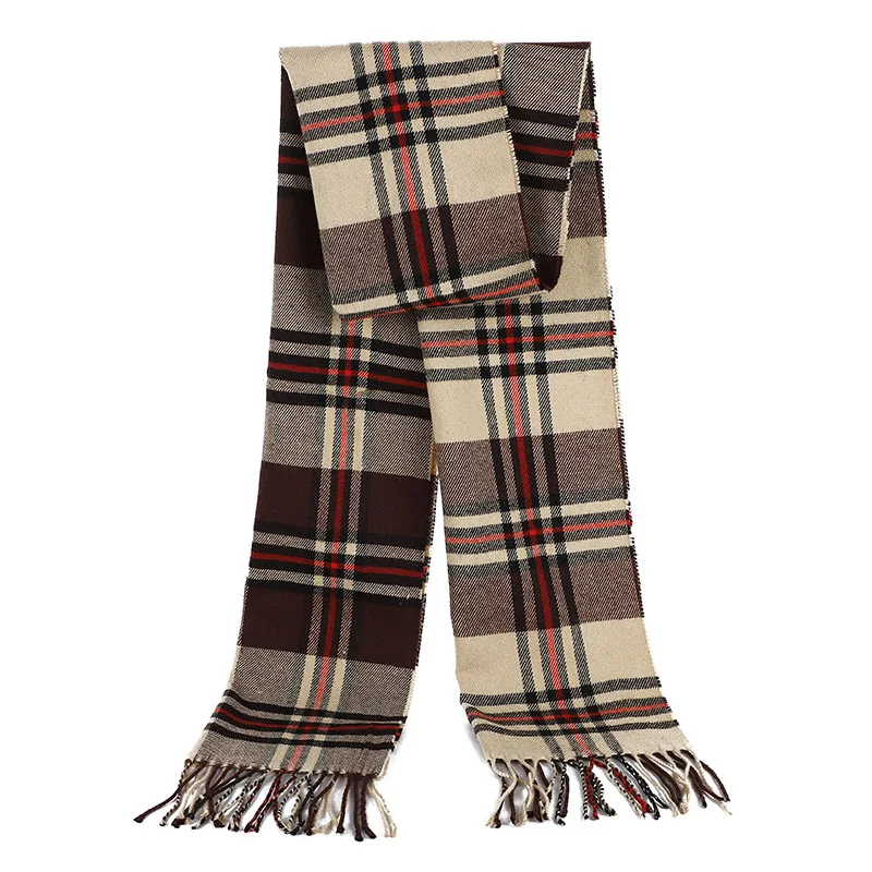 New Korean Style Couple Scarf Plaid Gray Long Strip Thick with Fur Edge Tassel Versatile Men Youth Winter Accessory Bows Pattern