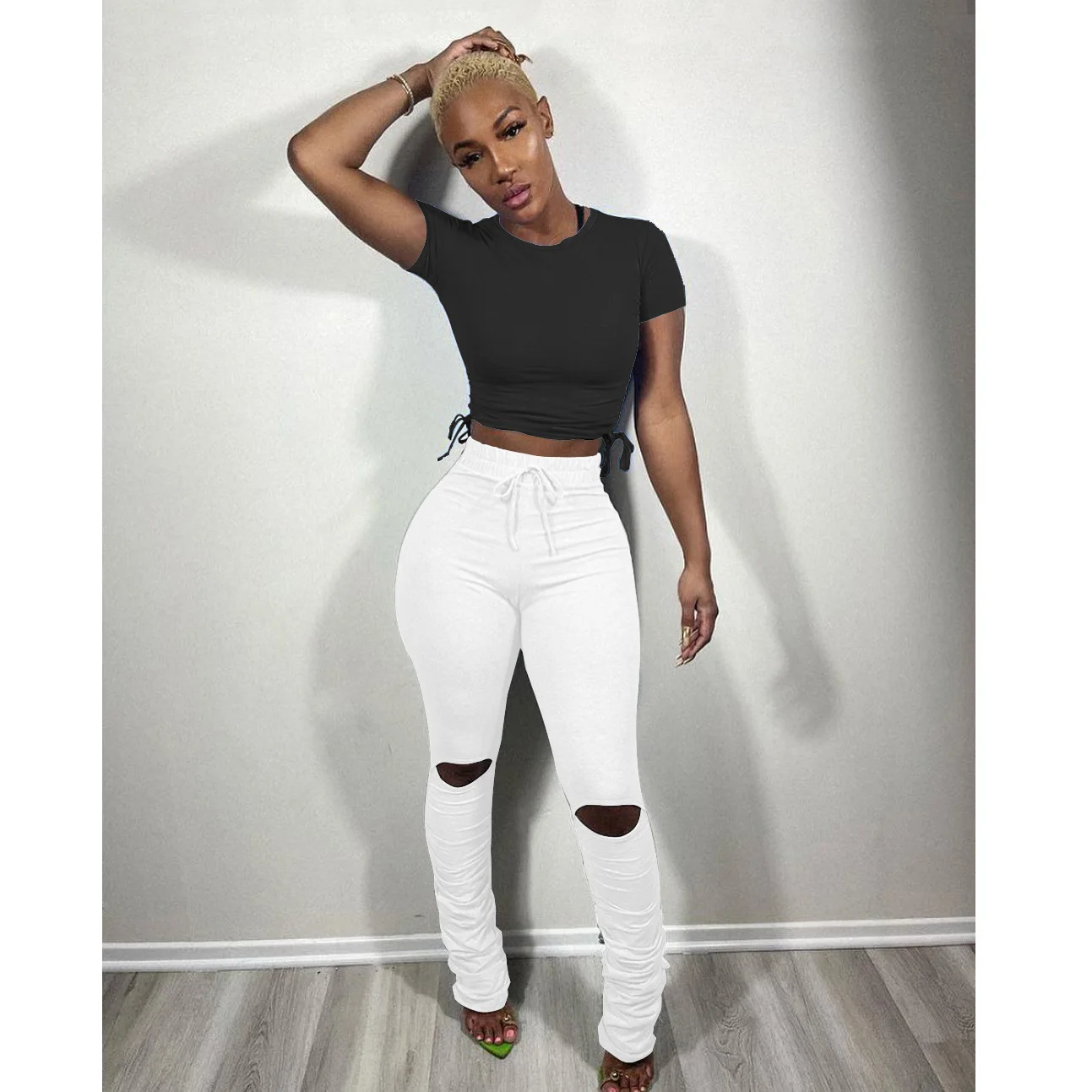 Штаны с высокой талией, летняя одежда для женщин, сексуальные обтягивающие леггинсы на шнуровке, спортивные штаны для бега, брюки с рюшами