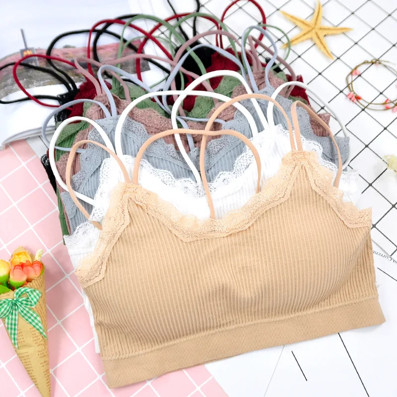 Seamless sexy lace ladies bra ribbed vest beauty back tube top sweet girl underwear