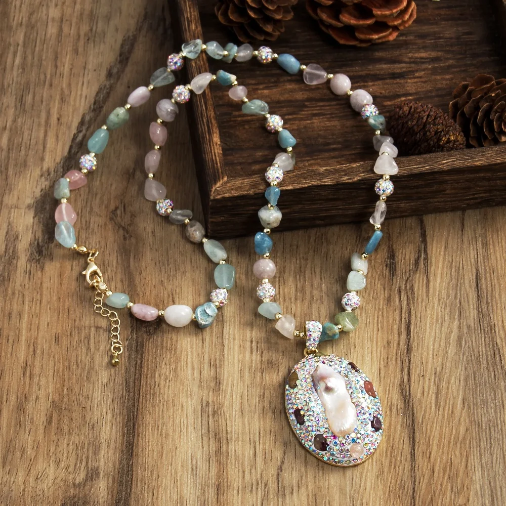 JH Wholesale Women Jewelry Chip Morganite Necklace Baroque Pearl Rhinestone Tourmaline Oval Pendant Necklace
