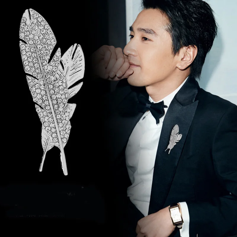 Trendy Unisex Crystal Feather Brooch Dainty Silver Gold Jewelry Brooches For Women Cute Zircon Stone Pin Dress Coat Accessory