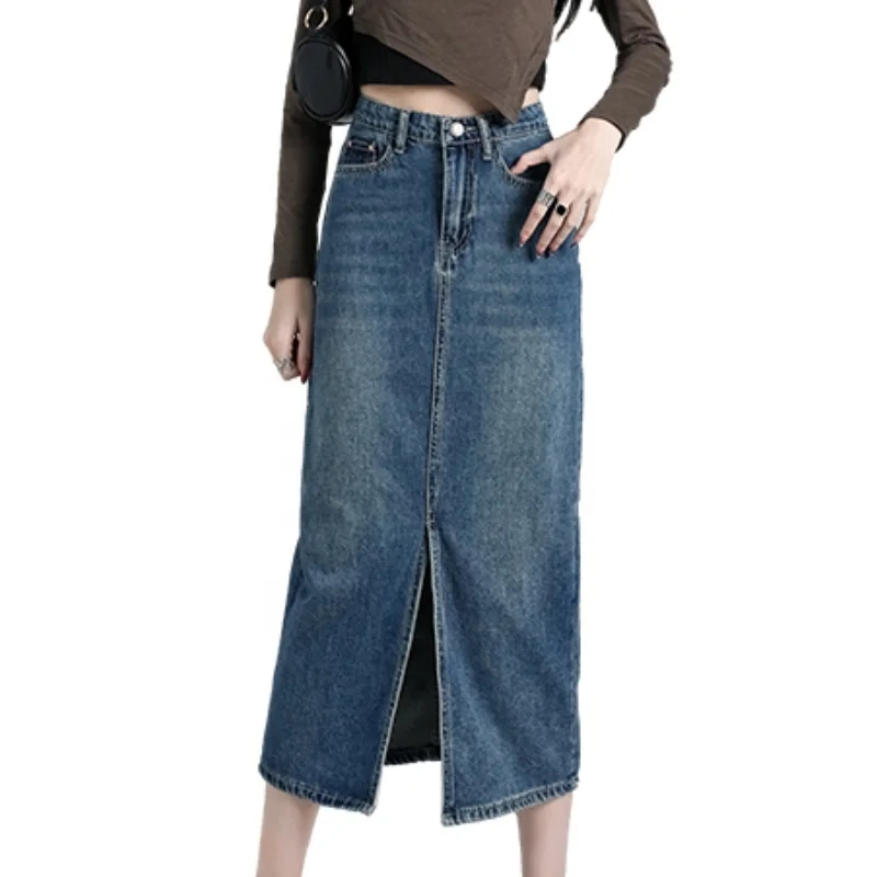 Super soft yarn denim casual split color pocket design sense ins loose all matching high Fanny pack hip skirt