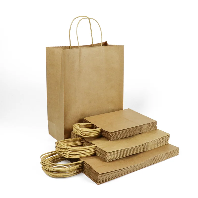 custom brand handmade biodegradable natural shopping art brown paper packaging food grade gift kraft paper bag with handle