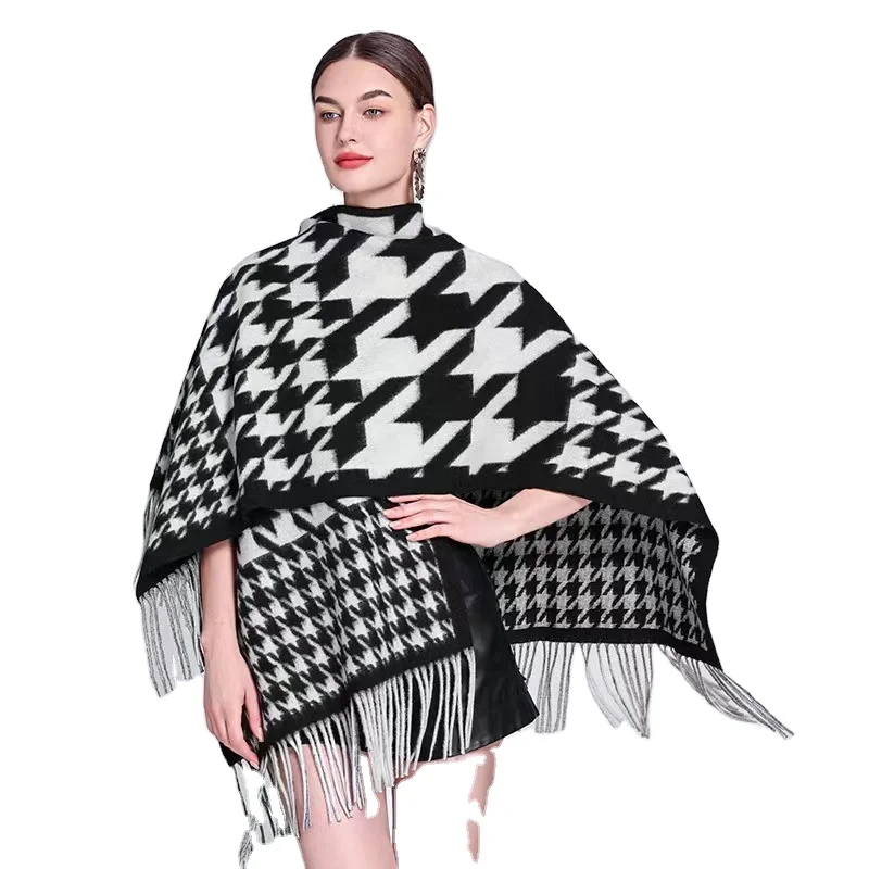 2023 Autumn Fashion lady elevated cape geometry cape knit warm noble woman sweater houndstooth shawl