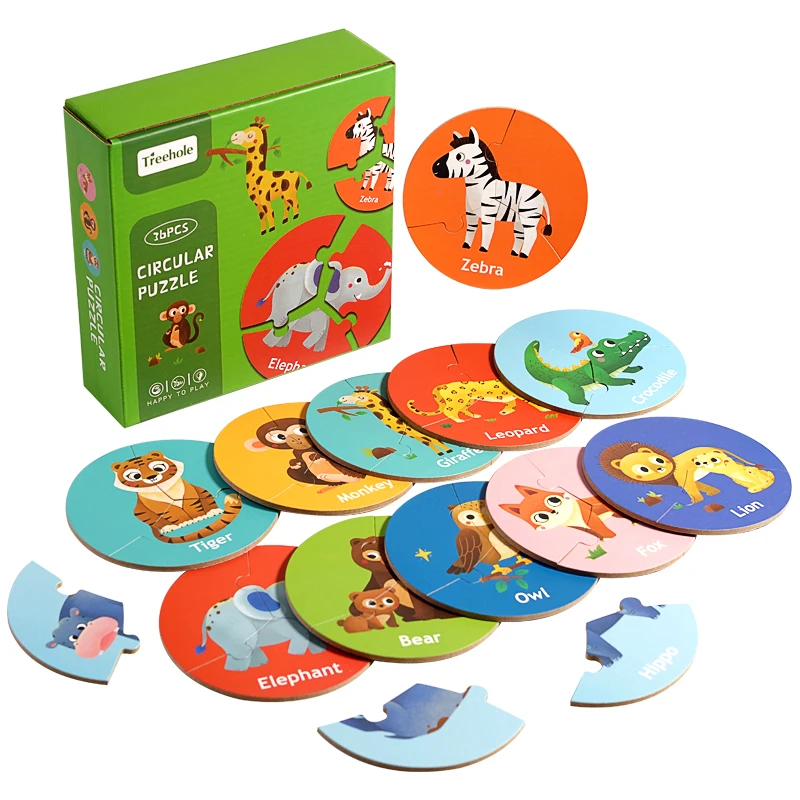 Toddler wood jigsaw matching puzzles cute cartoon farm ocean animals learning round puzzle for baby kids