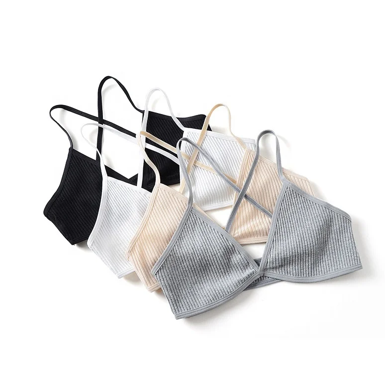 Women Girls Simple Convertible Unpadded Wirefree Small Chest Ultra Soft Rib Cotton Triangle Bralette Wholesale