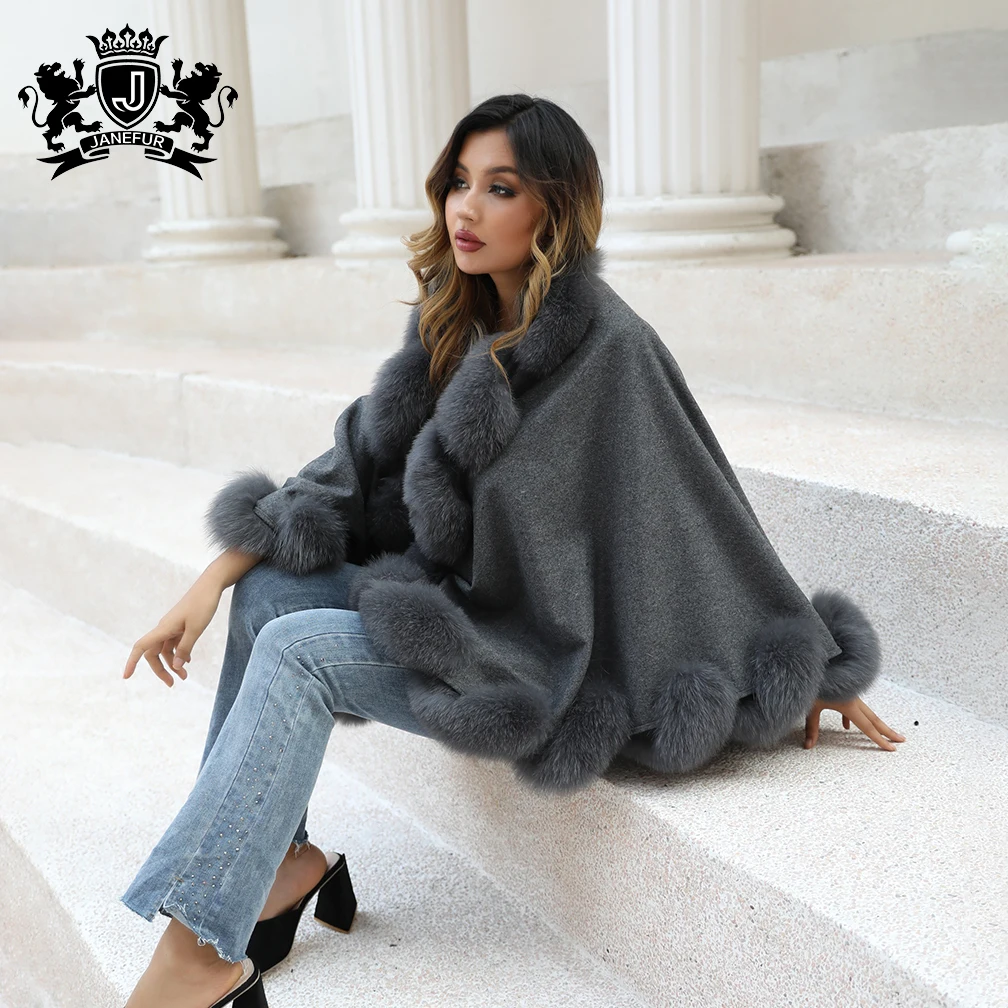 Fashion Luxury Winter Warm Wool Poncho Wedding Real Fox Fur Women Cashmere Grey Fur Shawl
