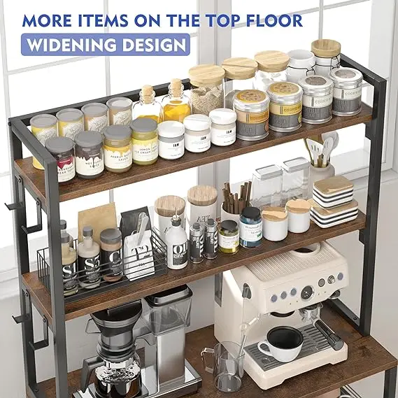 DX Bakers Rack 6 Tier Coffee Bar with Cabinet and 8 Side Hooks, Bakers Racks for Kitchens with Storage, Large Capacity Microwave