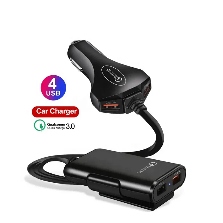 60W 4 Ports with 6ft Extension Cord Cable for Back Seat Charge With A Clip iphone smart phone Quick Charge 3.0 Car Charger 3.1A