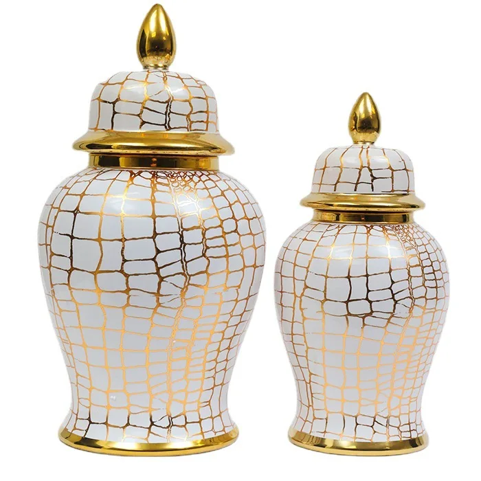 Wholesale Custom Gold and White Grid Leopard Print Home Decorative Porcelain Ceramic Large Ginger Jar Flower Vase with Lid