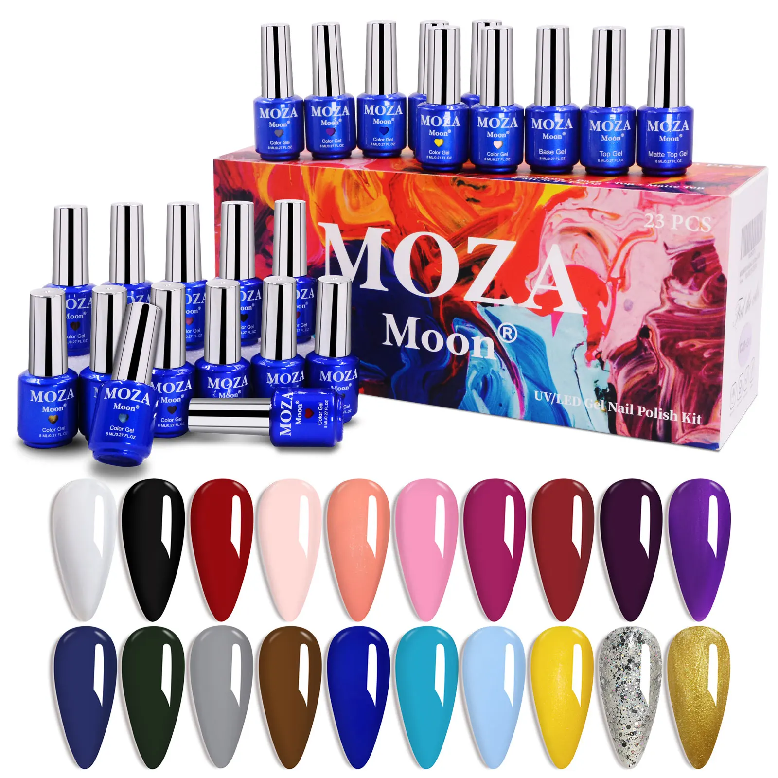 2021 NEW ARRIVAL MOZA MOON SOAK OFF UV GEL POLISH SET 8ML 23PCS GEL  POLISH + BASE + TOP+ MATTE TOP