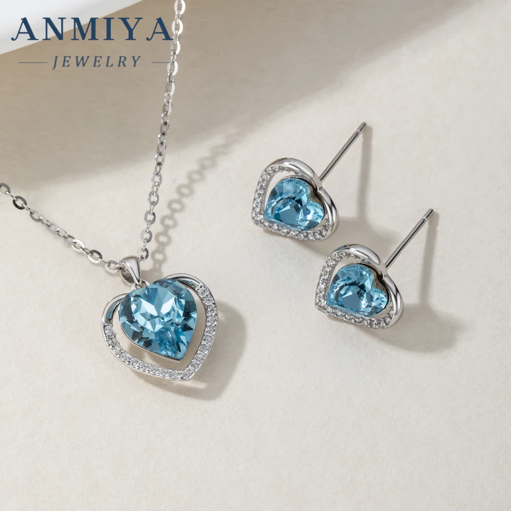 ANMIYA delicate 2 set Sapphire Heart Earrings Sparkling Cubic Zirconia CZ Blue Ocean Heart Necklace Jewelry Set