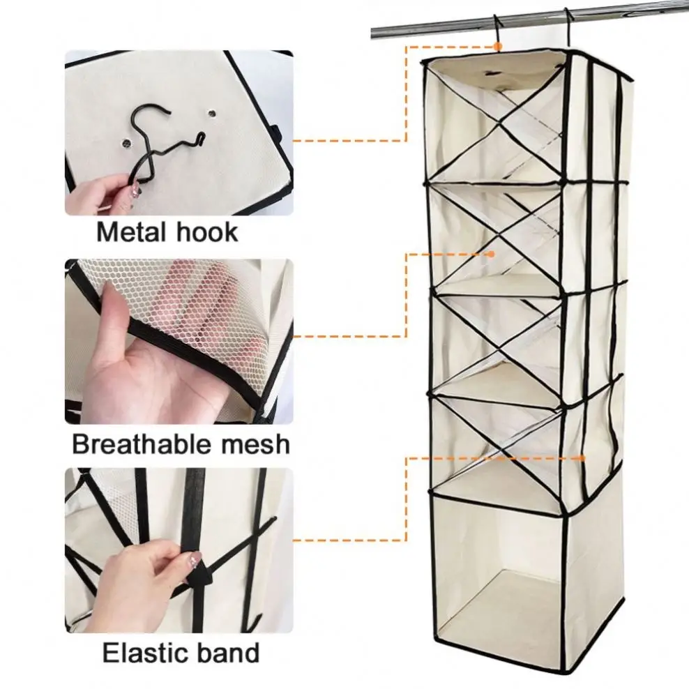 Closet Hanging Organizer Storage  Shelves for Closet 5-Shelf  Side Pockets Height Adjustable Walk or Nursery/Kids/RV/Camper/Dorm