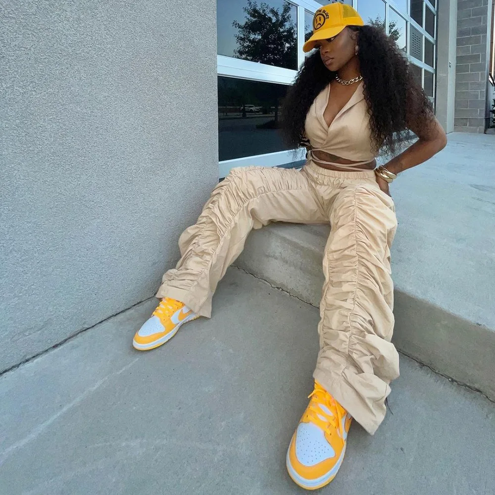 2023 Popular Street Style Pleated Personality Sports Pants Women Fashion Casual Elastic Waist Trousers Ladies