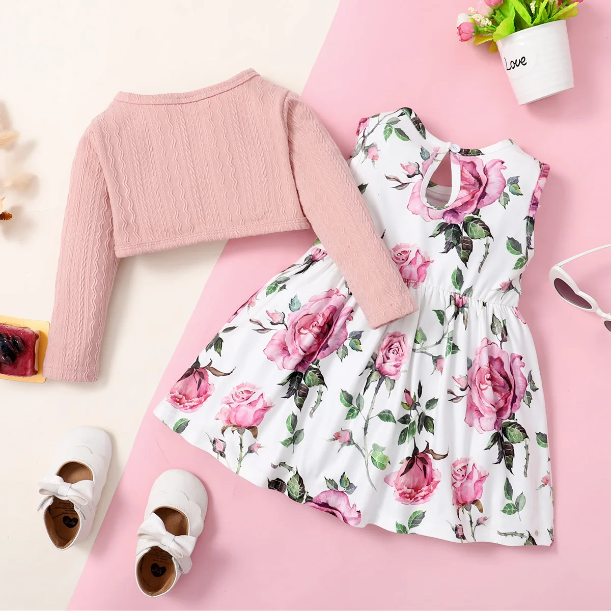 Sunny Baby 2023 Spring and Autumn New Kids Clothing Pink Long Sleeve Top + Bow Floral Dress Toddler Girls Two-piece Set