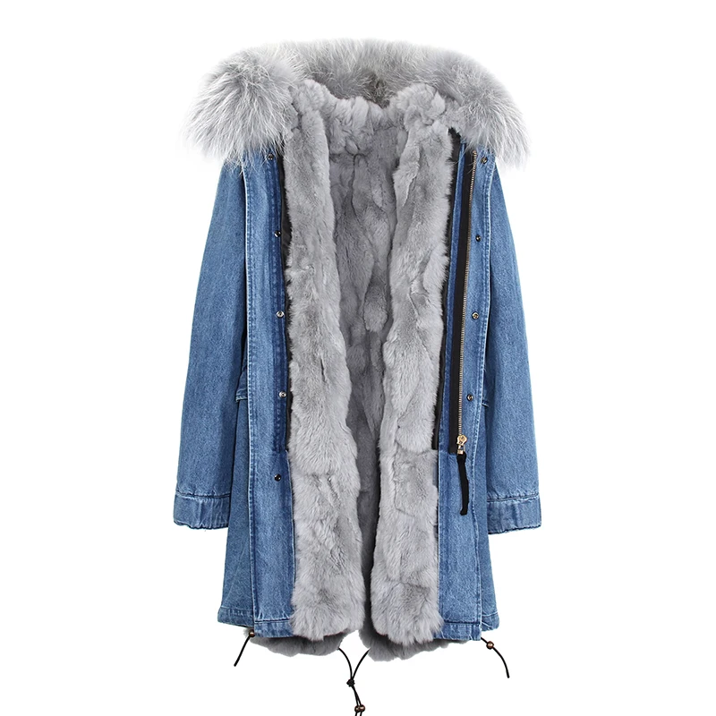 Stylish Ladies Winter Real Rabbit Fur Removable Lining Long Parka With Real Raccoon Fur Collar